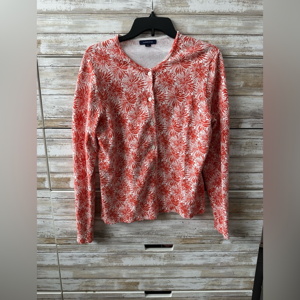 🧡🤍 Lands’ End Floral Cardigan Sweater Supima Cotton Size Medium